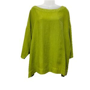 Bryn Walker Tunic Top 100% Linen Green L Oversized 3/4 Sleeve Lagenlook